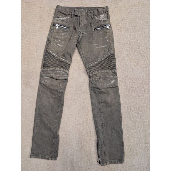 Balmain Paris Moto Jeans Mens 29x34 Olive Distressed Ribbed Zipped Made in Japan - Picture 1 of 12